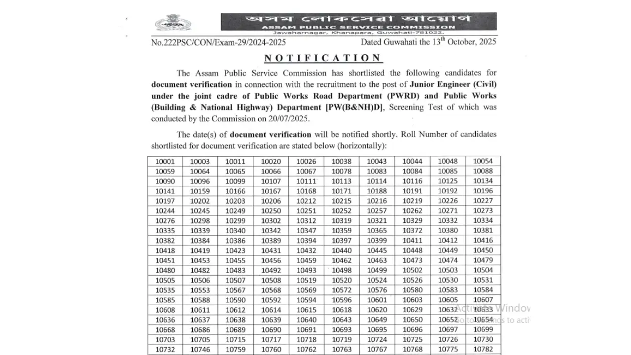 APSC JE Results 2025 Declared – Assam Public Service Commission Junior Engineer Civil Result Released at apsc.nic.in
