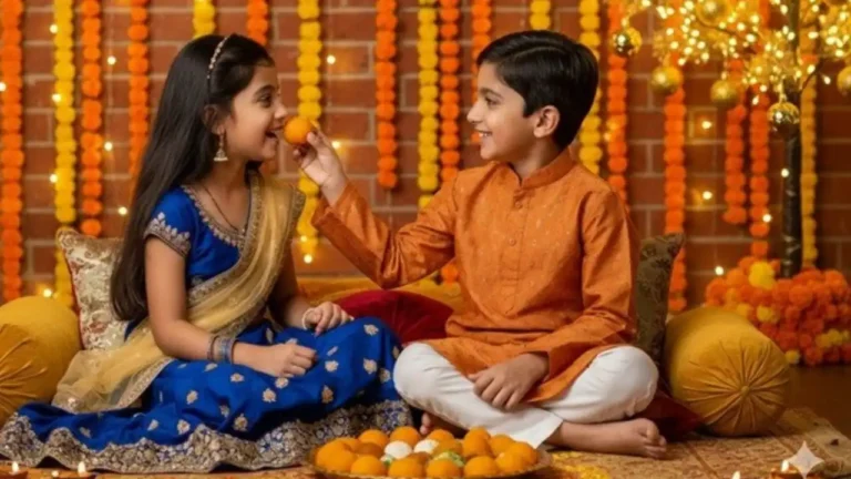 Bhai Dooj Kab Hai 2025 celebration with brother and sister, applying tilak and exchanging gifts