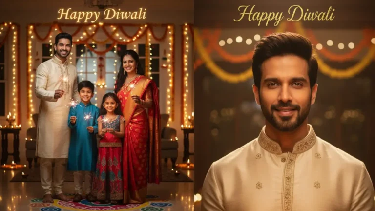 AI-generated Diwali photo created using Gemini AI Photo Prompts showing an Indian woman holding a sparkler on a rooftop with fireworks and warm festive lighting