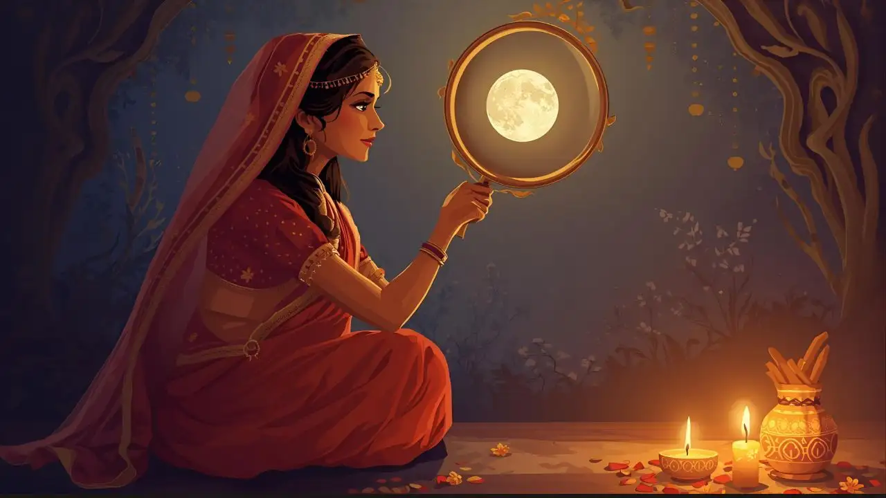 Karwa Chauth 2025 AI Image – सुहागिन महिला चांद को छलनी से देखती हुई, पूजा की थाली और दीये के साथ, करवा चौथ की रात का सुंदर दृश्य