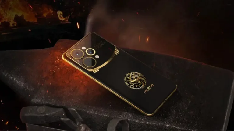 Realme 15 Pro Game of Thrones Edition smartphone design with Dragonfire color-changing back panel and Iron Throne accessories