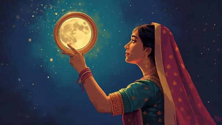 करवा चौथ 2025 में मध्य प्रदेश में चांद निकलने का टाइम – महिलाएं चांद का इंतज़ार करती हुई (AI से बनी तस्वीर)