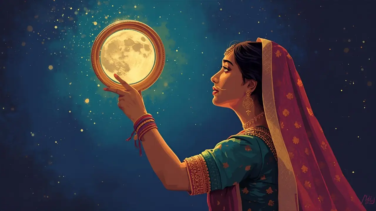 करवा चौथ 2025 में मध्य प्रदेश में चांद निकलने का टाइम – महिलाएं चांद का इंतज़ार करती हुई (AI से बनी तस्वीर)
