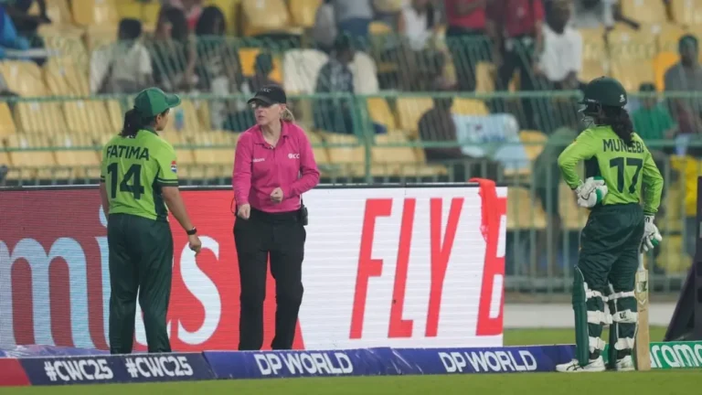Pakistan captain Fatima Sana speaks to the umpire about Muneeba Ali’s controversial run-out during the India vs Pakistan Women’s World Cup 2025 match in Colombo.